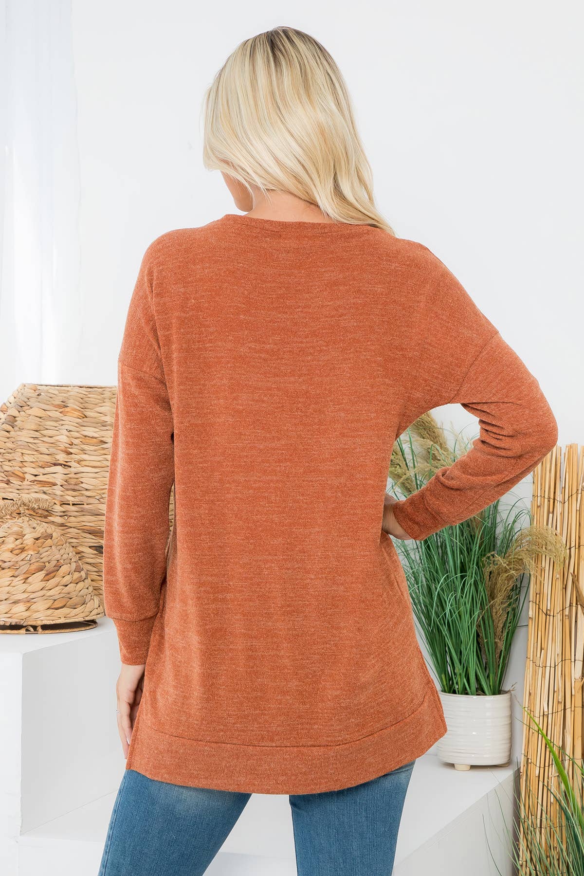 Perfect Peach - Long sleeve hair mir pullover top -Rust Orange