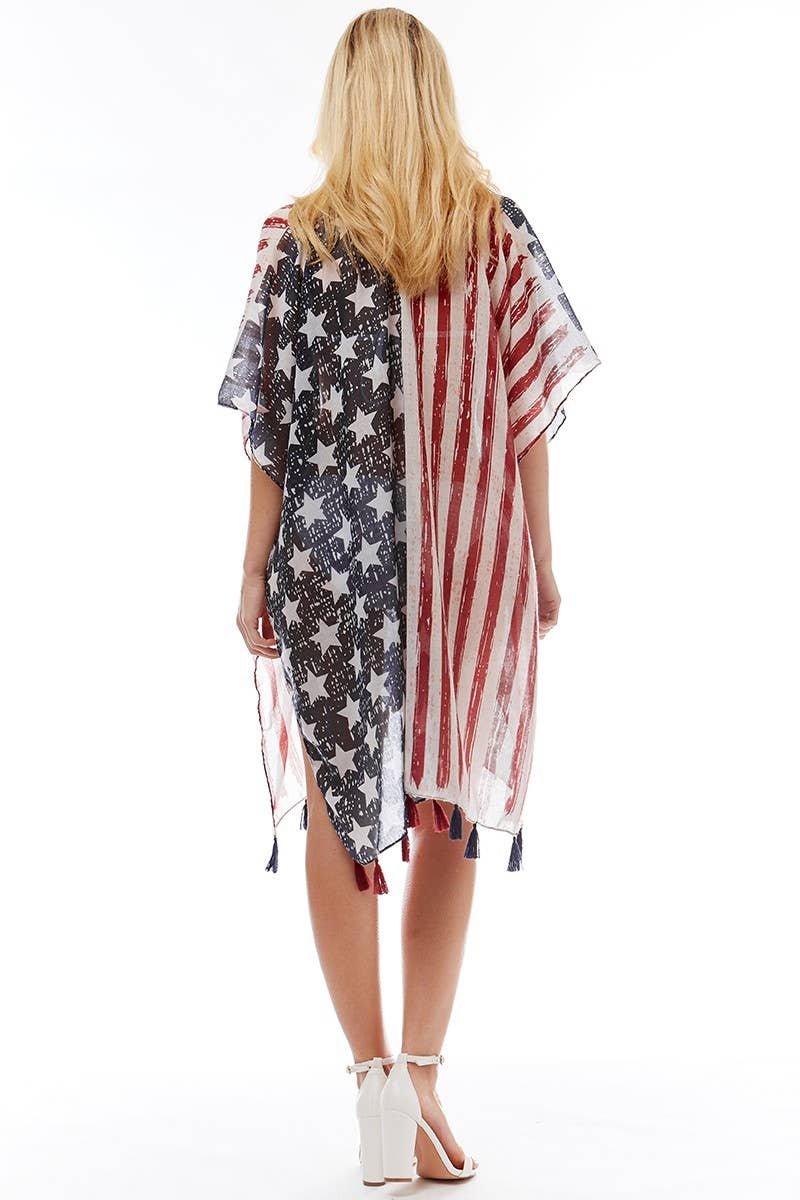 Fashion City - American USA Flag Beach Cover up Poncho w Fringes: One Size / NAVY