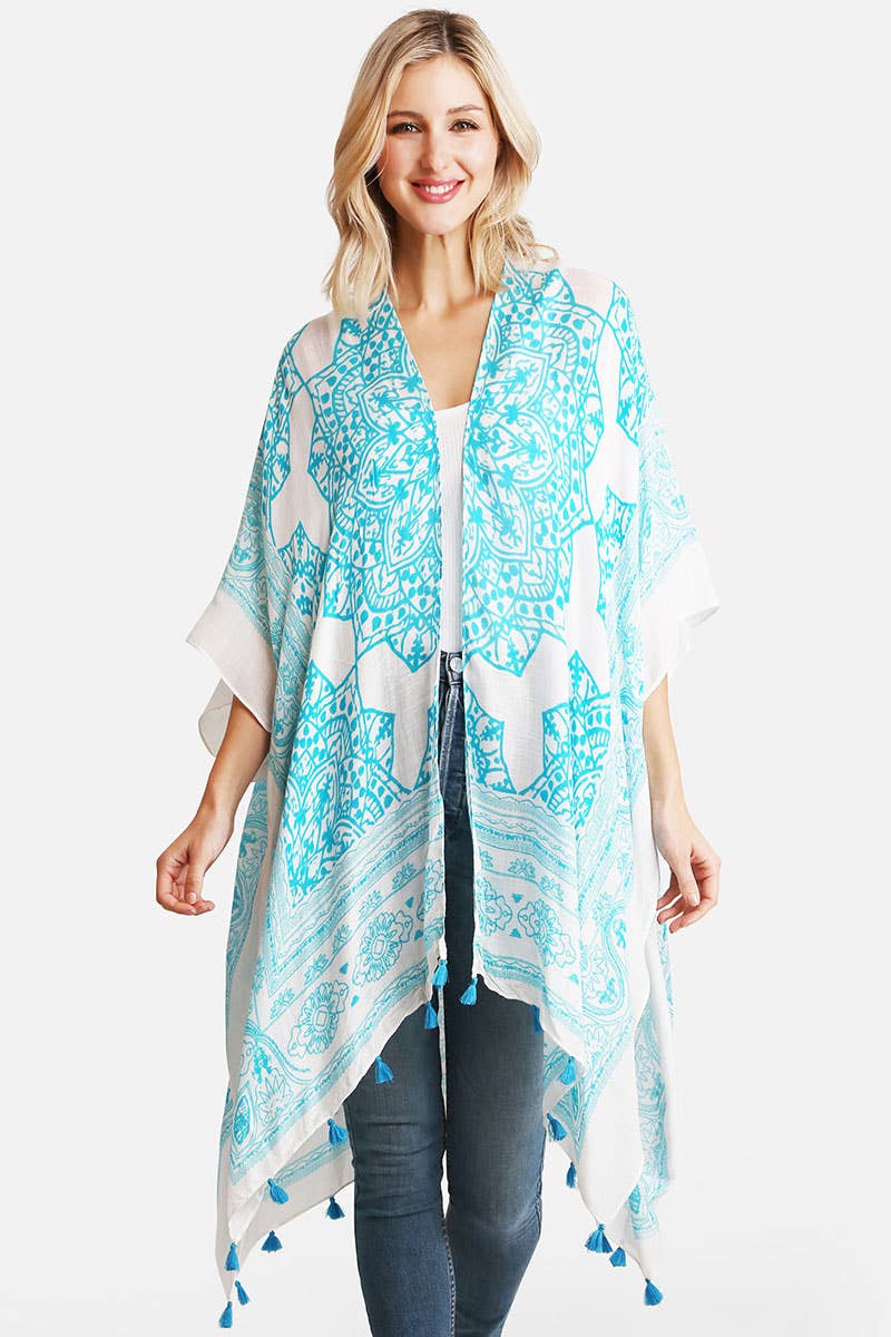 Fashion City - Women's Mandala Print Cover Ups w Tassel: One Size / TURQUOISE
