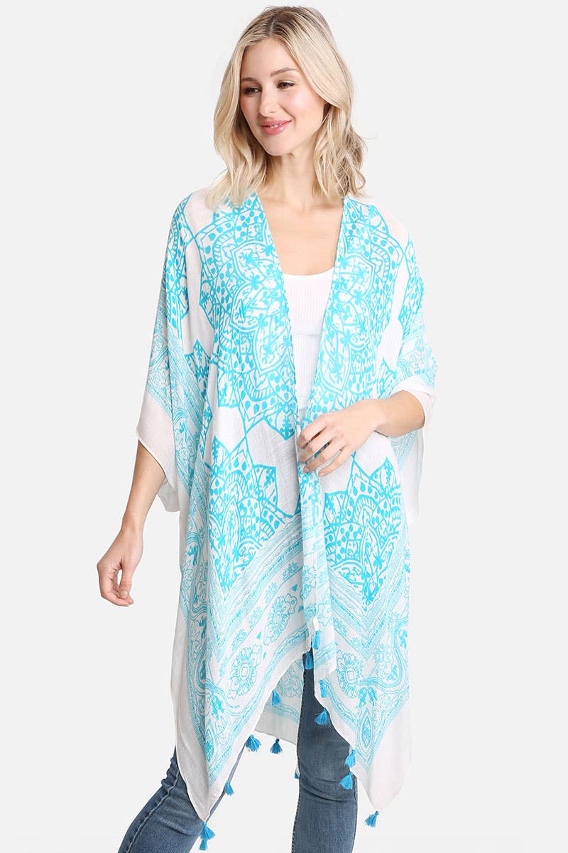 Fashion City - Women's Mandala Print Cover Ups w Tassel: One Size / TURQUOISE