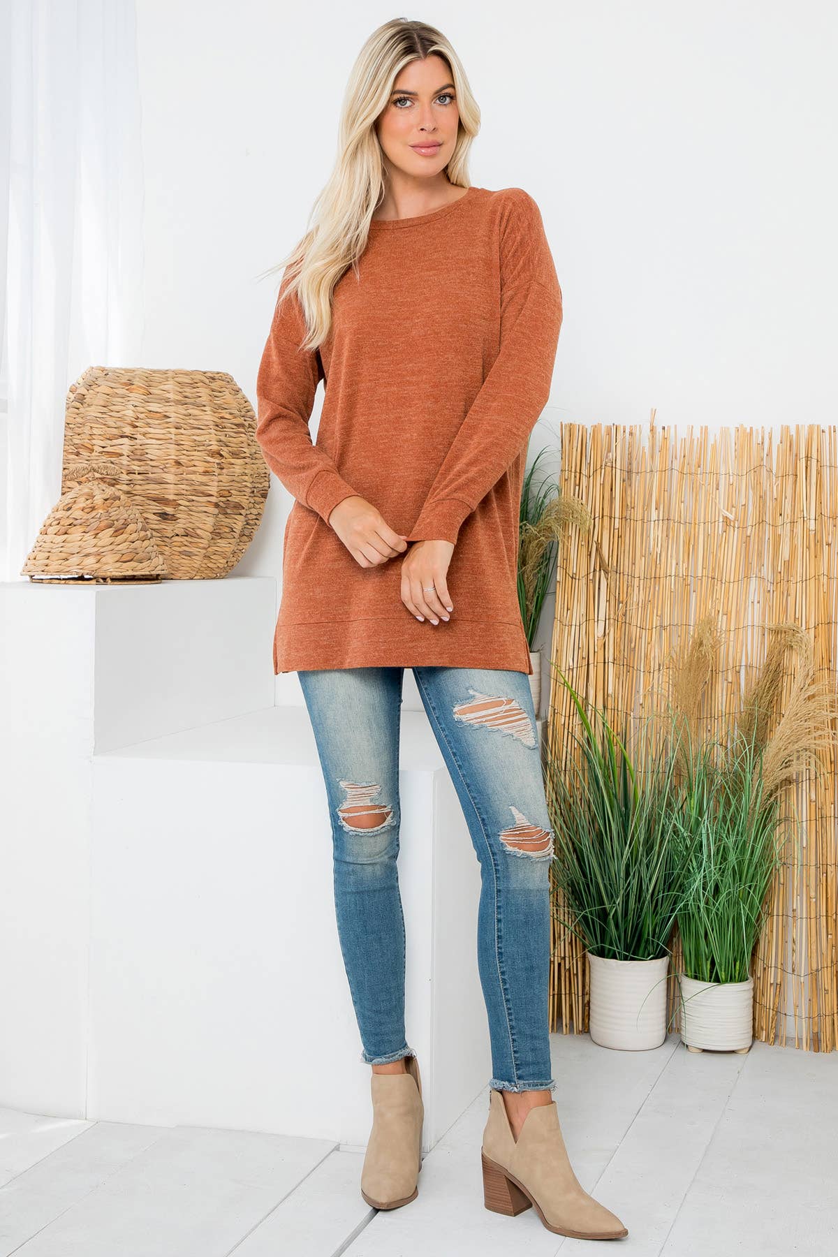 Perfect Peach - Long sleeve hair mir pullover top -Rust Orange