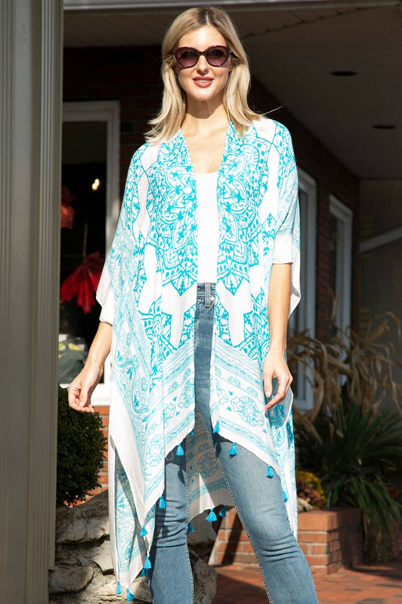 Fashion City - Women's Mandala Print Cover Ups w Tassel: One Size / TURQUOISE