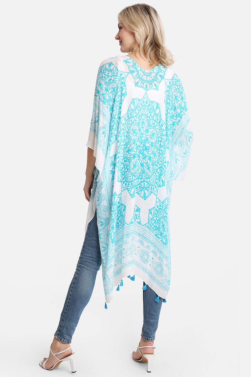 Fashion City - Women's Mandala Print Cover Ups w Tassel: One Size / TURQUOISE