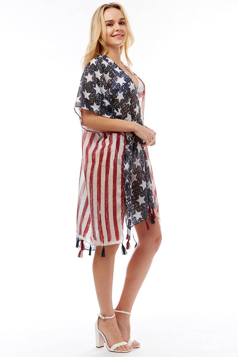 Fashion City - American USA Flag Beach Cover up Poncho w Fringes: One Size / NAVY