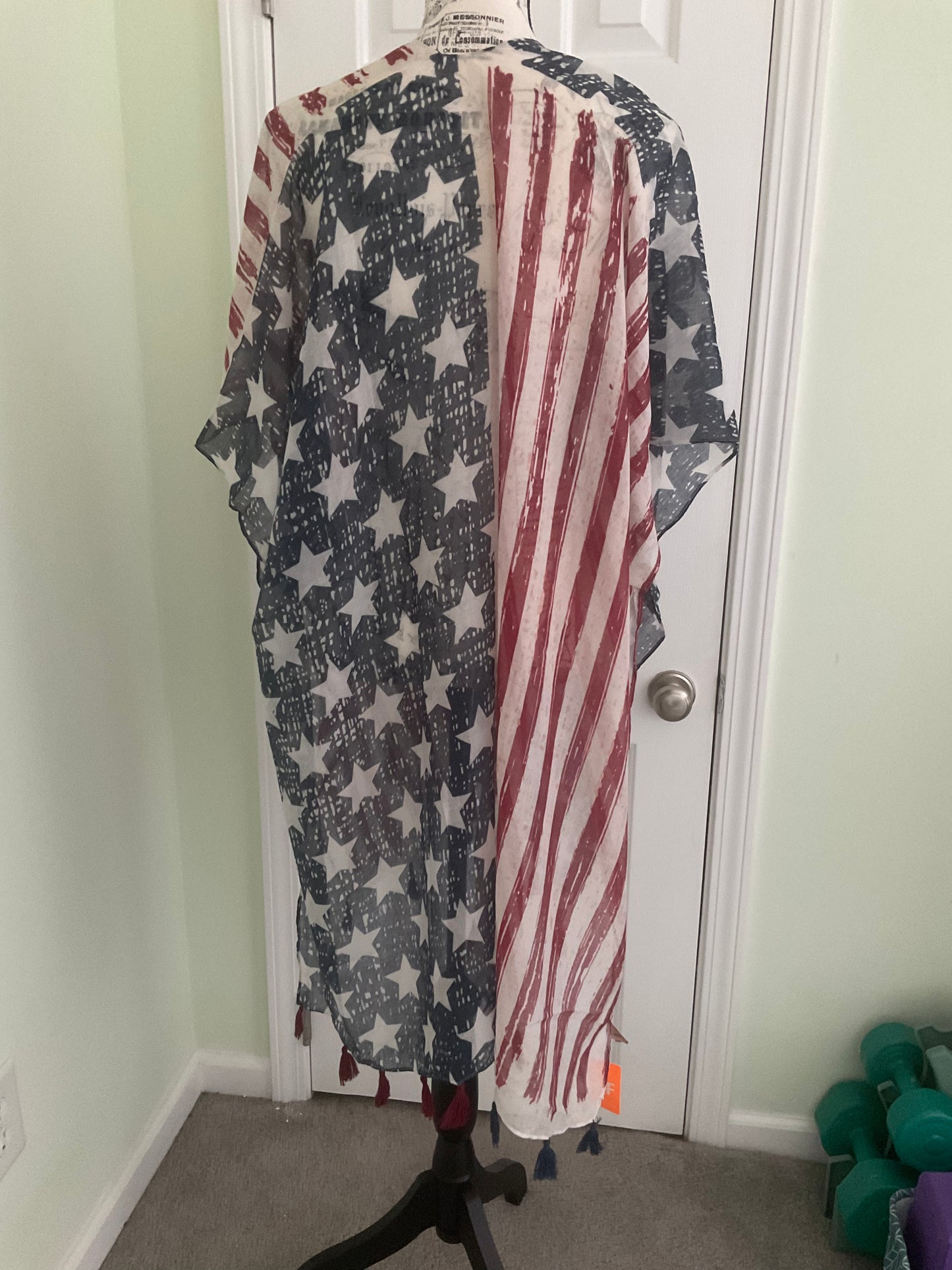 Fashion City - American USA Flag Beach Cover up Poncho w Fringes: One Size / NAVY