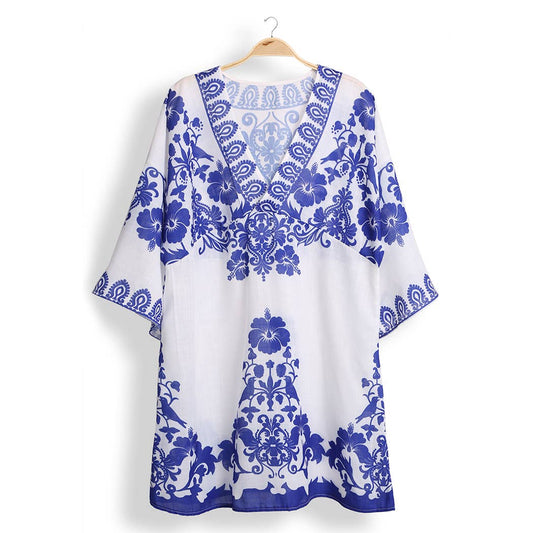 Fashion City - Floral Print Summer Cover-Up Dress: ONE SIZE / Blue