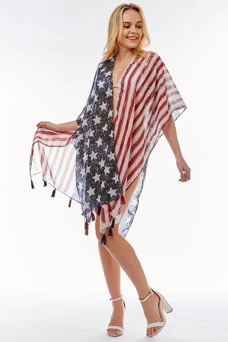 Fashion City - American USA Flag Beach Cover up Poncho w Fringes: One Size / NAVY