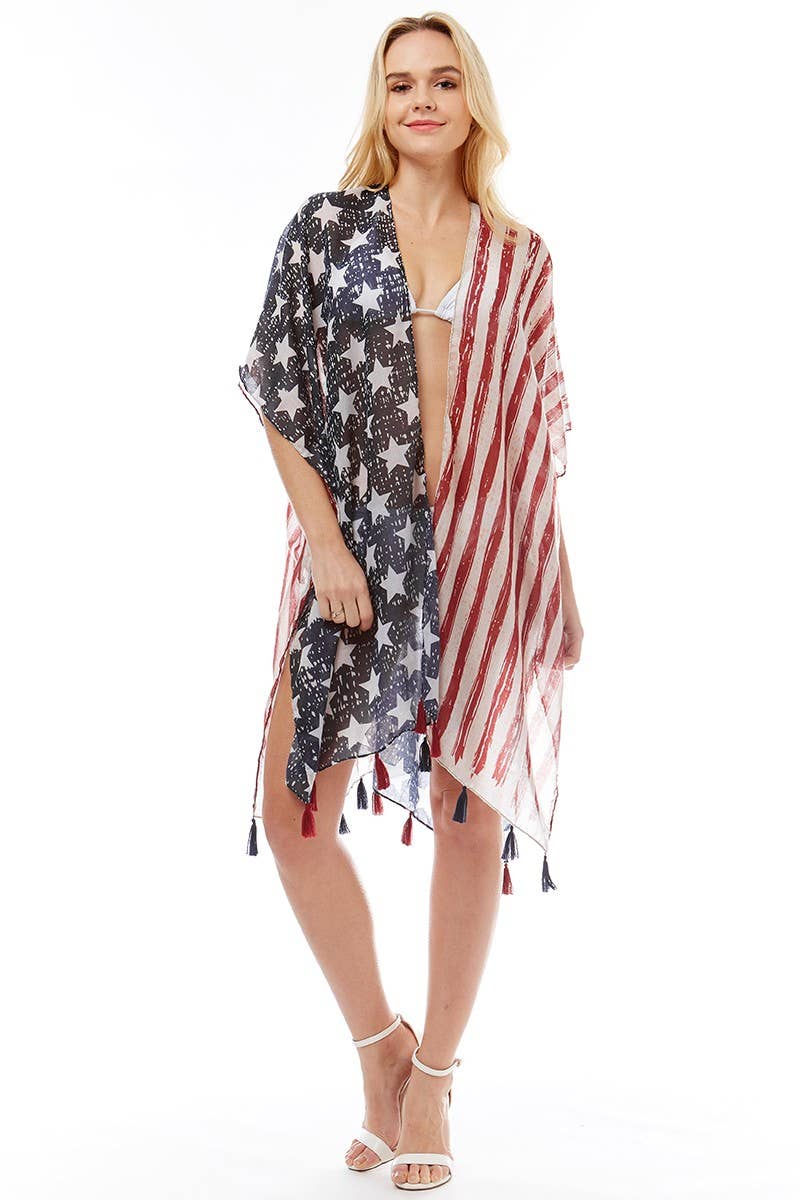 Fashion City - American USA Flag Beach Cover up Poncho w Fringes: One Size / NAVY