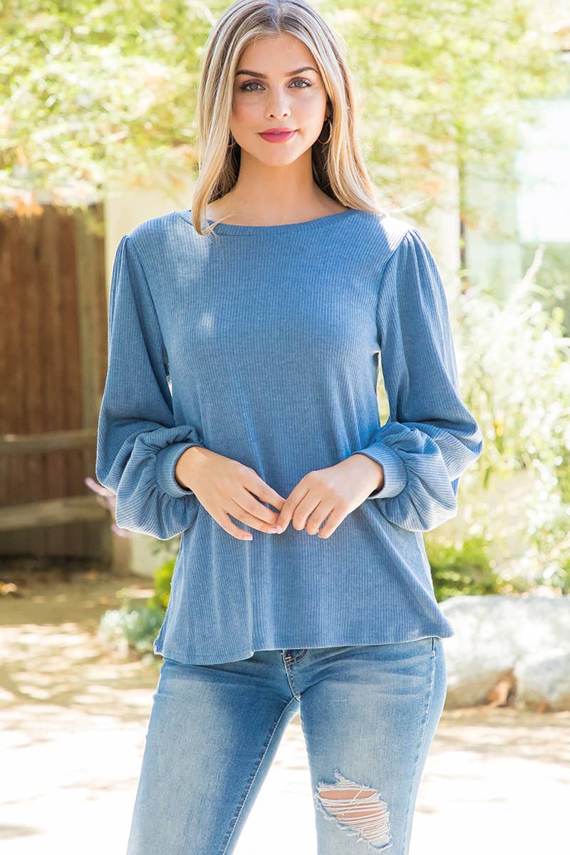 Perfect Peach - Puff Sleeve Round Neck Bella Rib Top