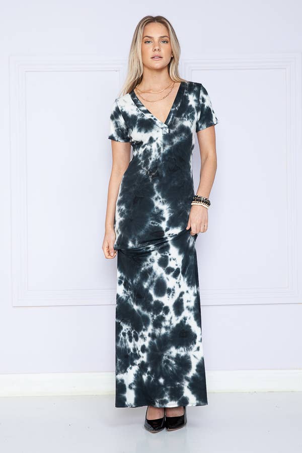 Burgundy Apparel - Tie Dye V-Neck Short Sleeve Maxi Dress