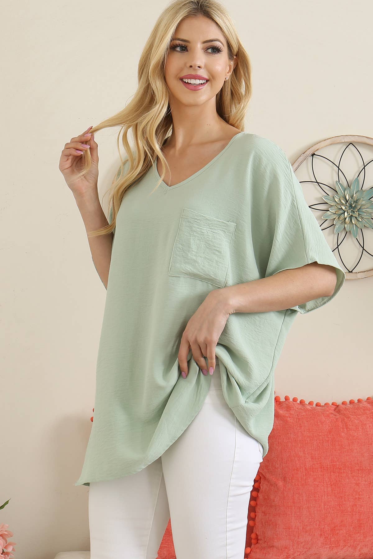 Perfect Peach -WOVEN AIRFLOW V-NECK DOLMAN TOP - Sage