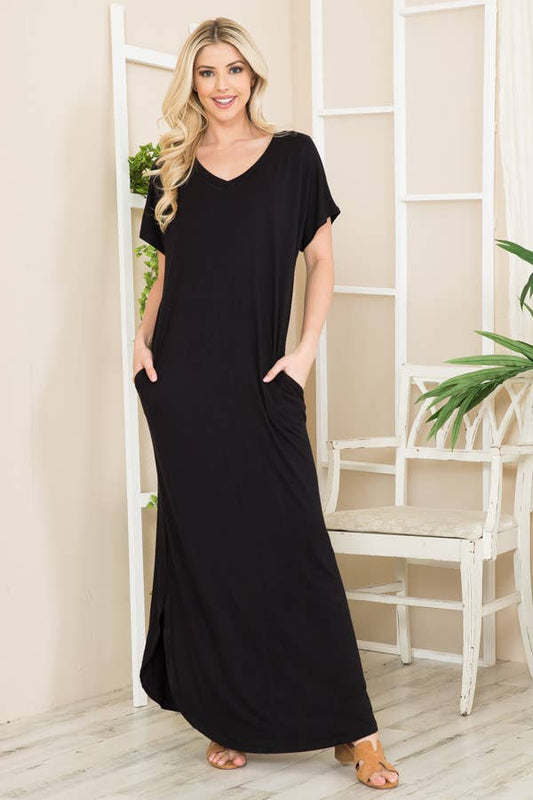 Burgundy Apparel - Black Maxi Dress with Side Slit and Pockets