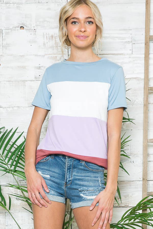 Burgundy Apparel - Color Block Short Sleeve Tunic Top Blue