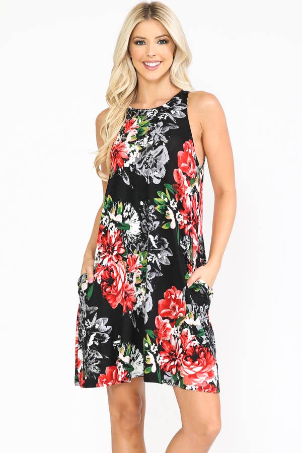 Burgundy Apparel - Floral Dress with Pockets