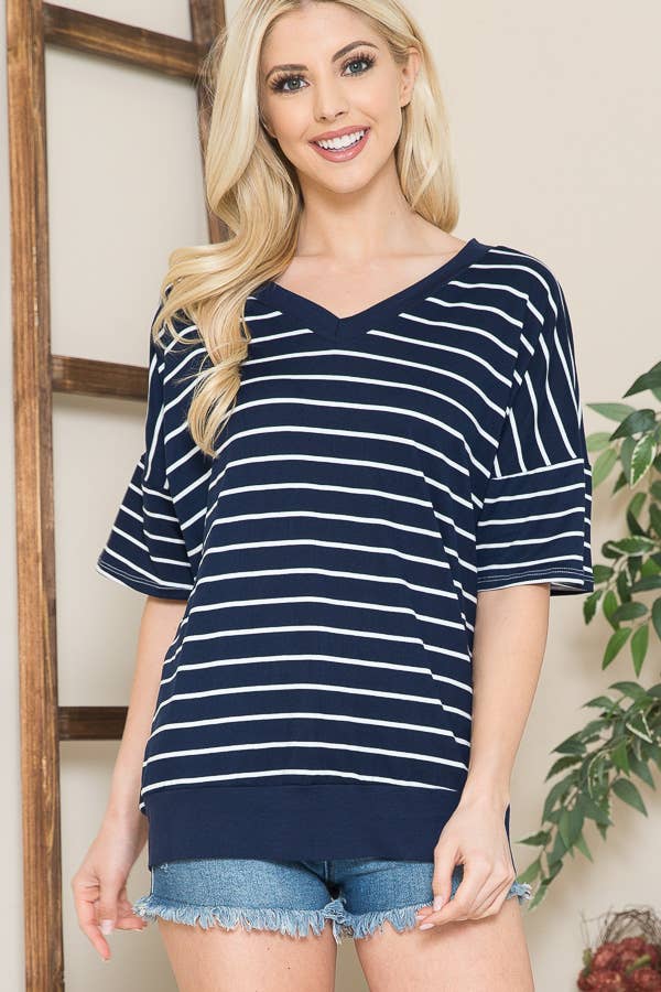 Burgundy Apparel - Navy Stripe V-Neck Short Sleeve Tunic Top