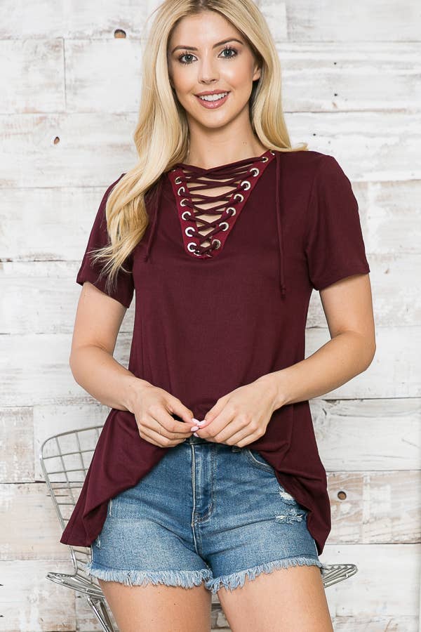 Burgundy Apparel - Chest Eyelet Criss Cross Short Sleeve Tunic Top Plum