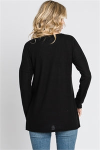 Sweet Adelya Black Long Sleeve Solid Pocket Knit Top