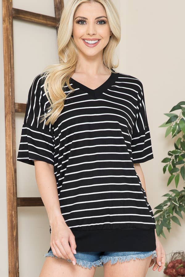 Burgundy Apparel - Black Stripe V-Neck Short Sleeve Tunic Top
