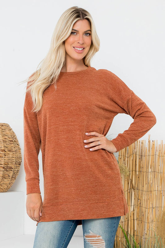 Perfect Peach - Long sleeve hair mir pullover top -Rust Orange