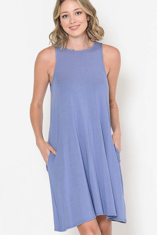 Burgundy Apparel - Tank Dress with Pockets- Dusty Blue