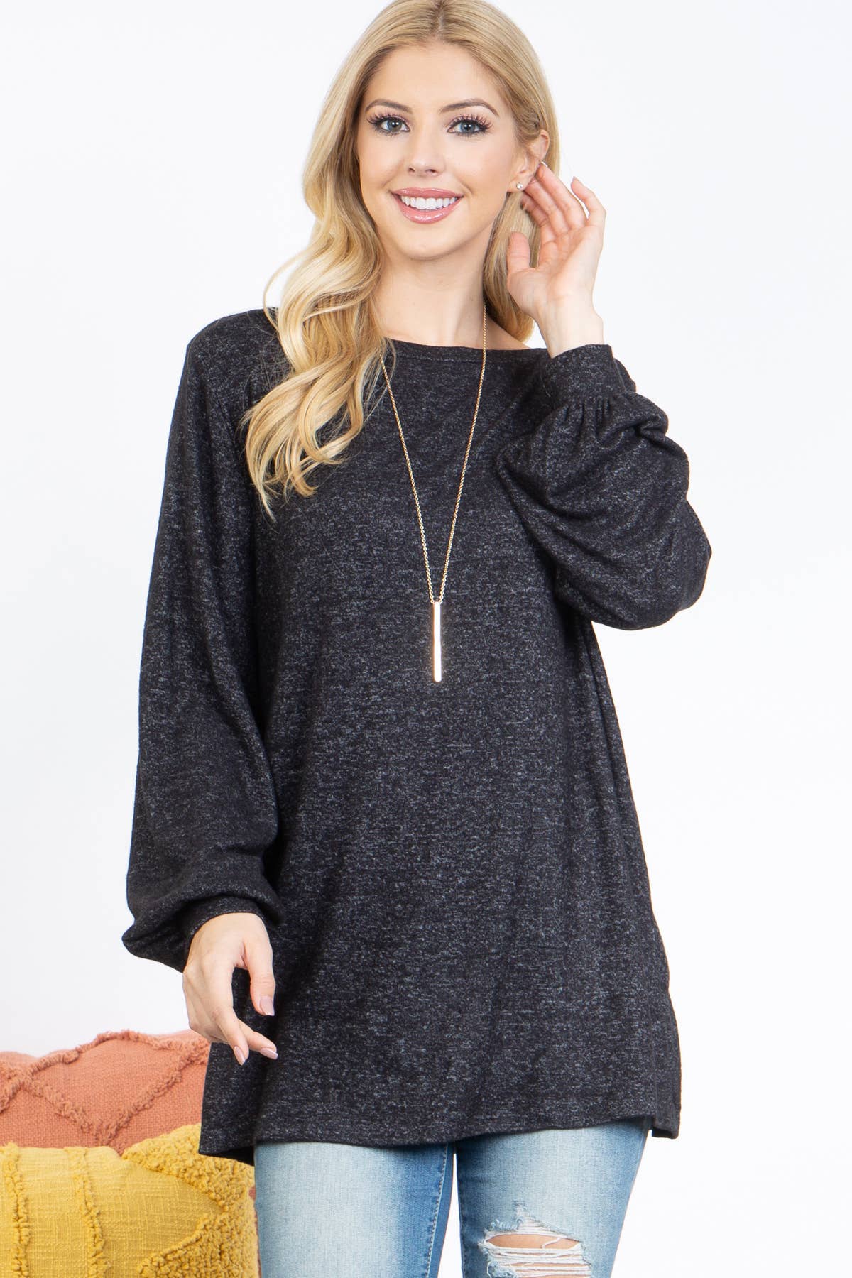 Perfect Peach - Puff Sleeved Boat Neck Brushed Hacci Top