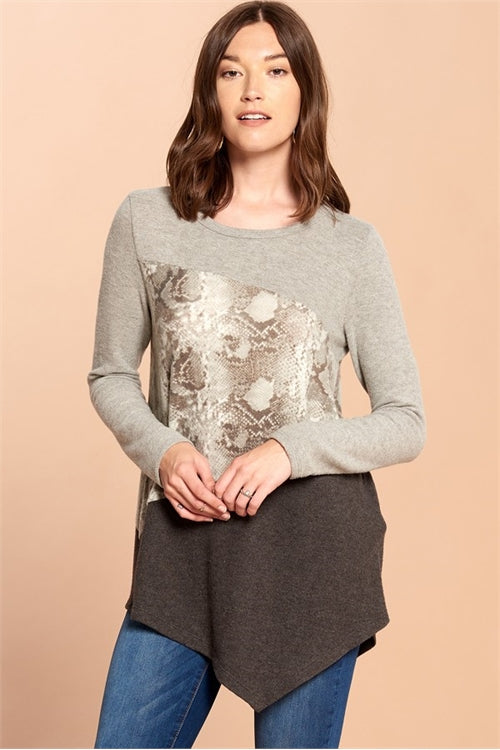 Oddy Grey Black Snake Print Contrast Top