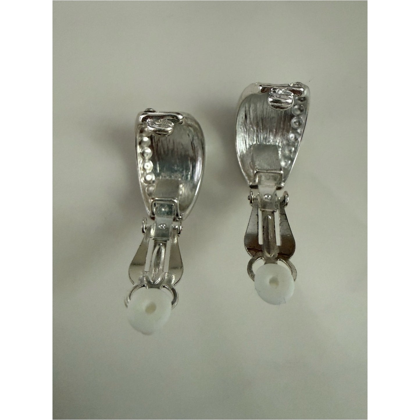 Vintage Hammered Silver Tone Clip-On Earrings with Crystal Accents