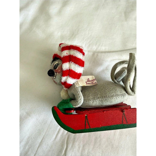 Annalee Christmas Mouse sitting on red wooden sled