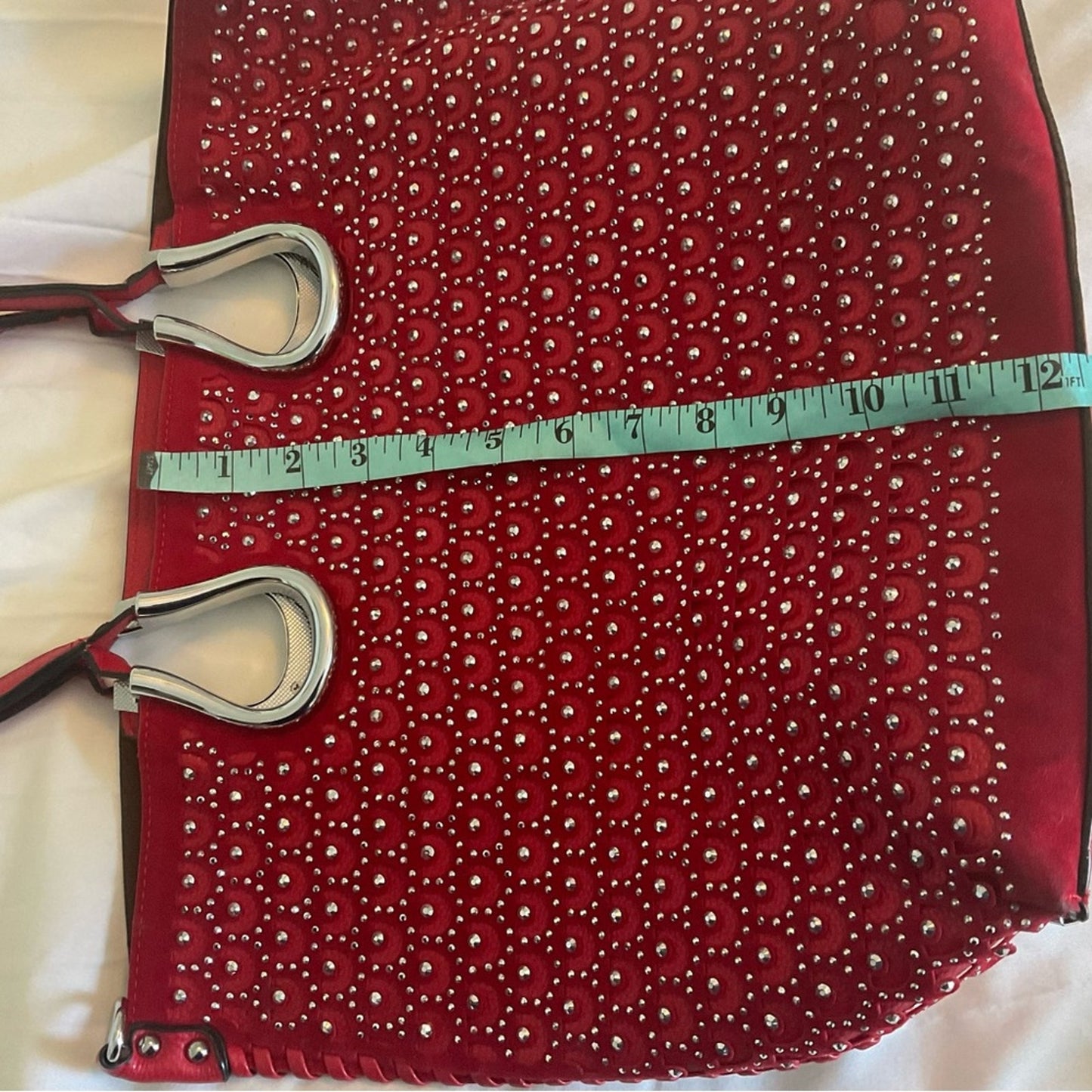 Red Handbag with silver studs and silver trim