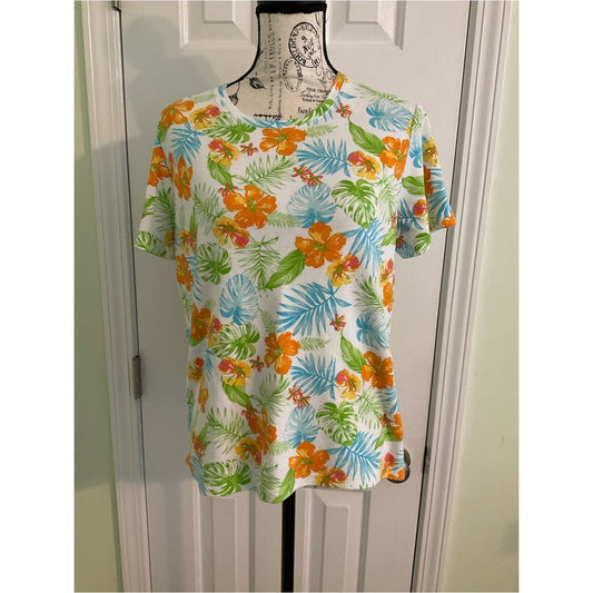 Kim Rogers Tropical Floral Short Sleeve Tee in White, Orange & Blue