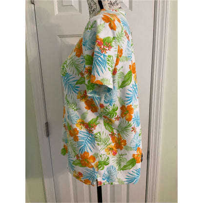 Kim Rogers Tropical Floral Short Sleeve Tee in White, Orange & Blue