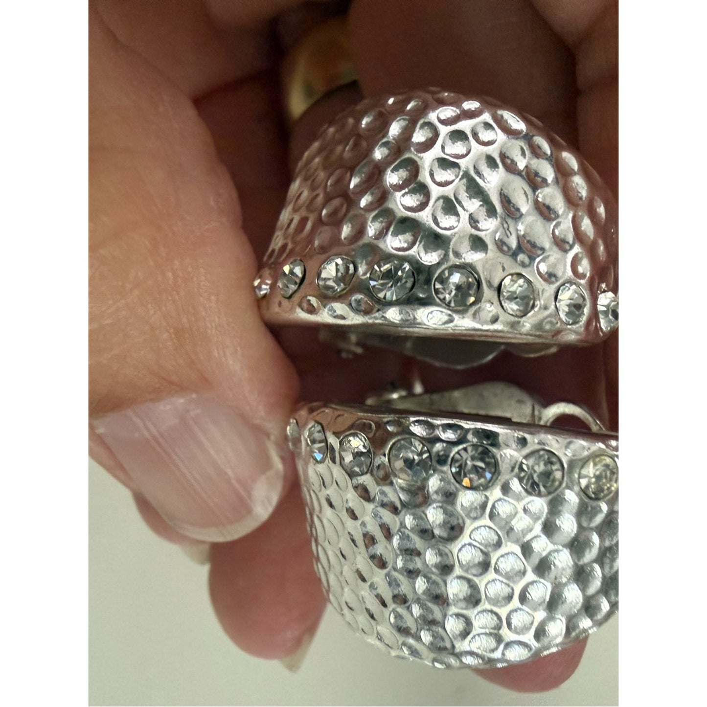 Vintage Hammered Silver Tone Clip-On Earrings with Crystal Accents