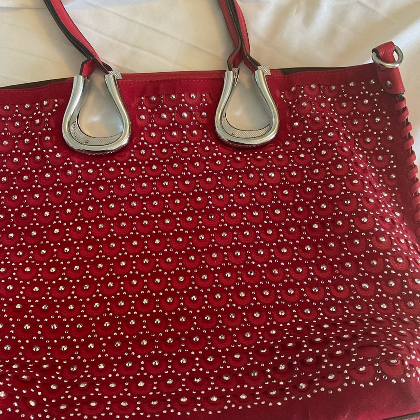 Red Handbag with silver studs and silver trim