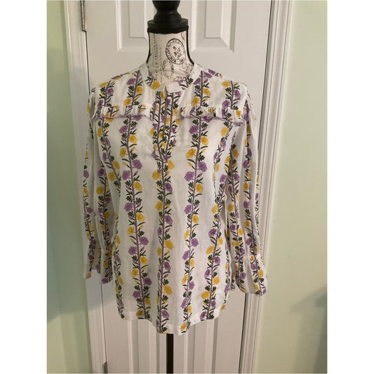 BEYOND by Vera White Floral Ruffle-Trim Blouse in Purple & Yellow