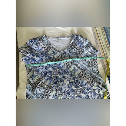 Talbots Blue and White Paisley V-Neck Short Sleeve Top