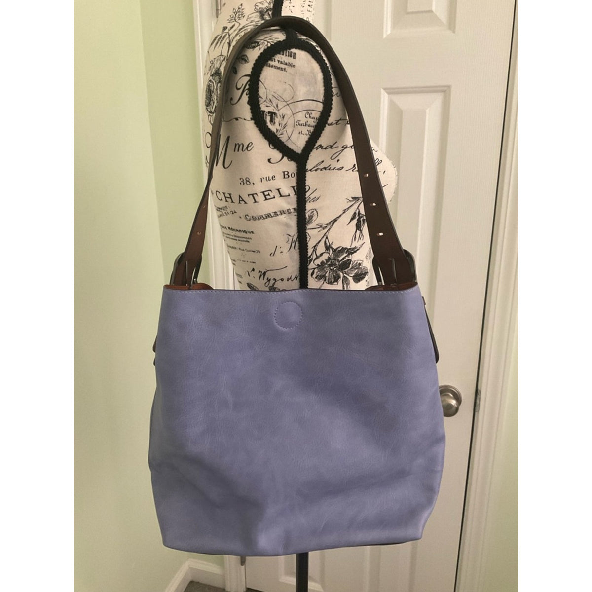 Lavender Shoulder Tote with Brown Strap Accents