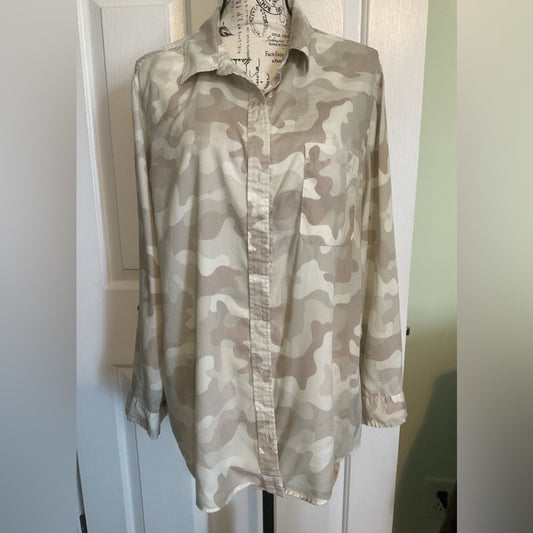 New Directions women’s camo style button down blouse with roll sleeves.