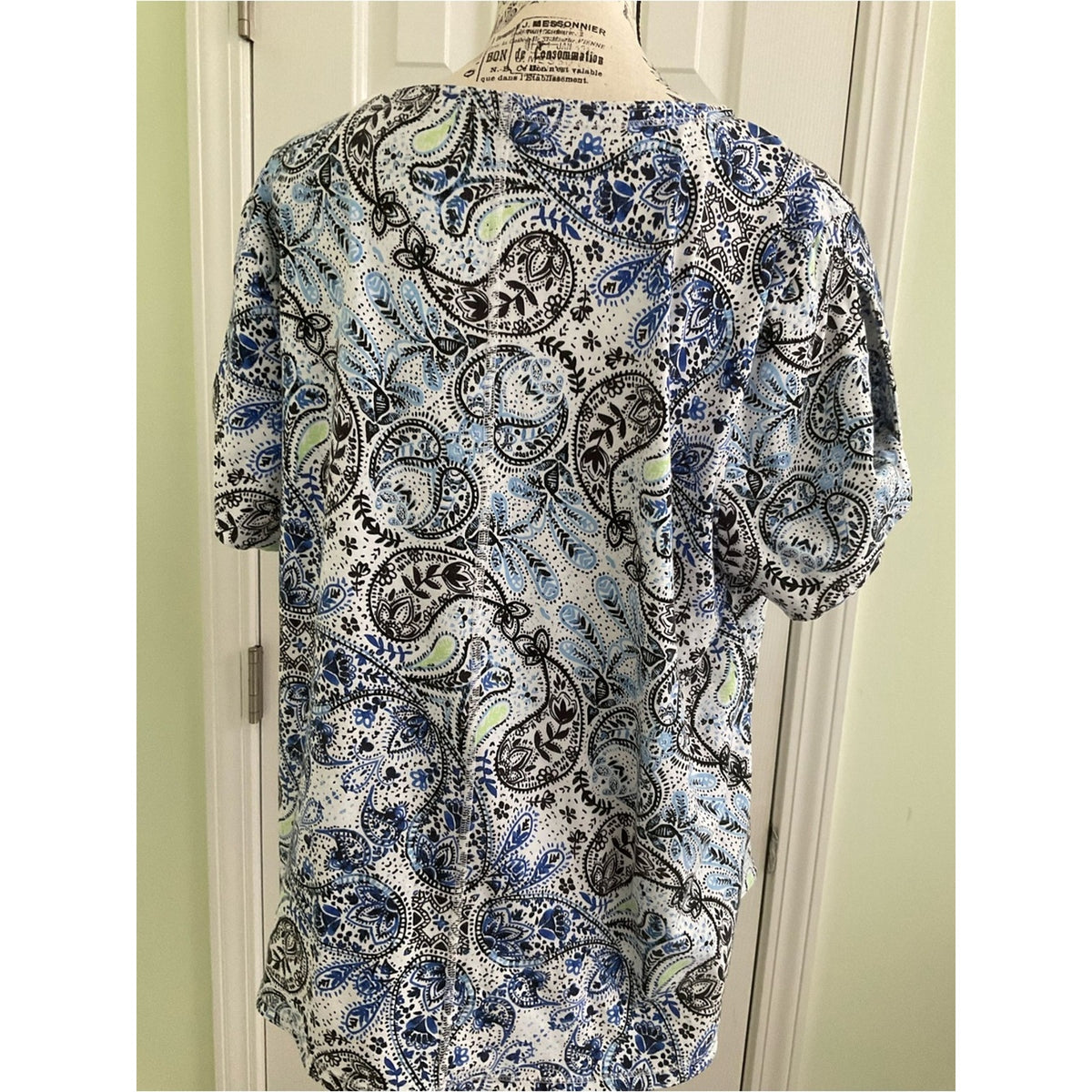 Talbots Blue and White Paisley V-Neck Short Sleeve Top