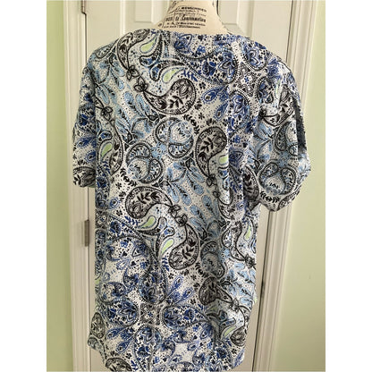 Talbots Blue and White Paisley V-Neck Short Sleeve Top