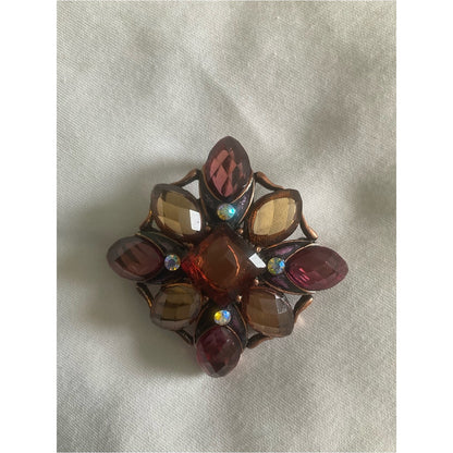 Faceted Amber & Plum Rhinestone Flower Brooch