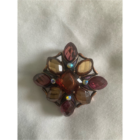 Faceted Amber & Plum Rhinestone Flower Brooch