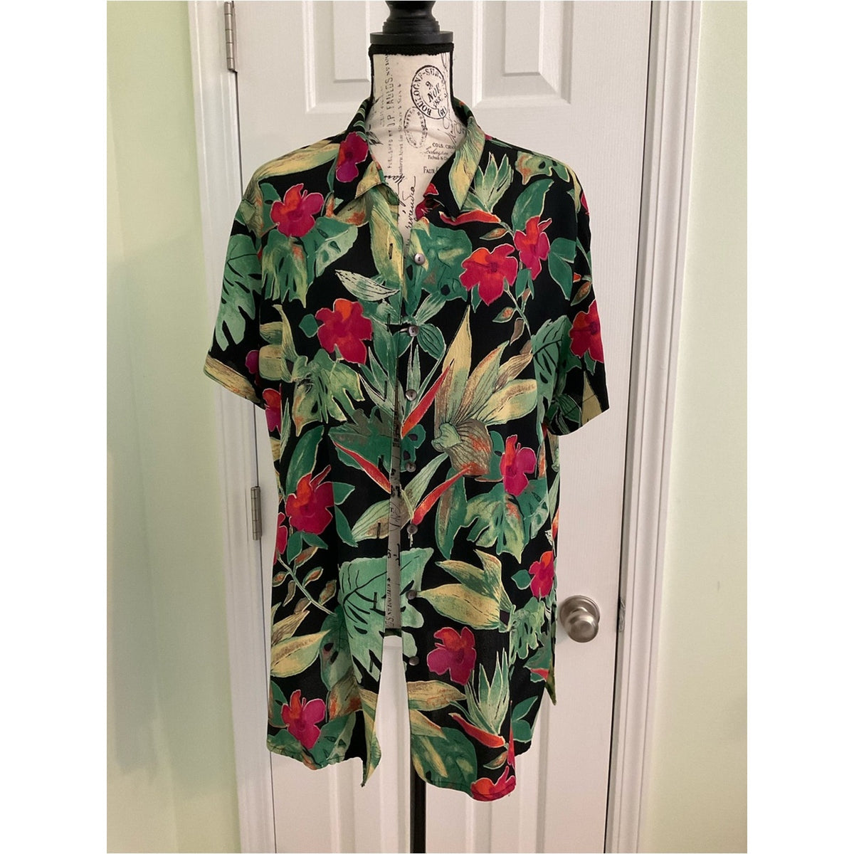 Chico's Black Tropical Floral Button-Down Shirt with Green & Red Print