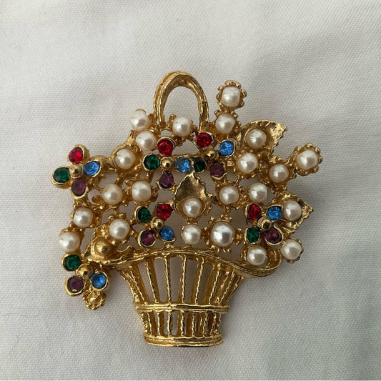Elegant Gold Floral Basekt Brooch with Pearls and Gem Accents