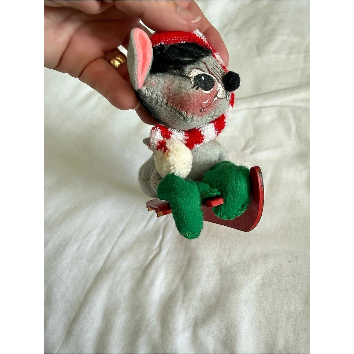 Annalee Christmas Mouse sitting on red wooden sled