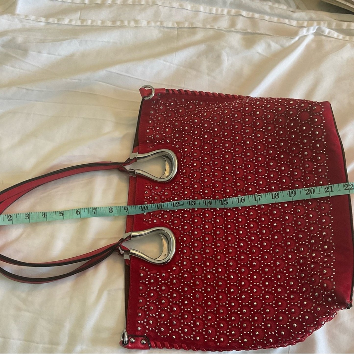 Red Handbag with silver studs and silver trim