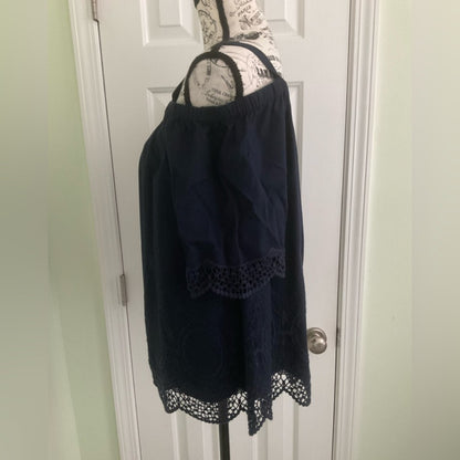 Crown & Ivy Navy Blouse with Lace Accents