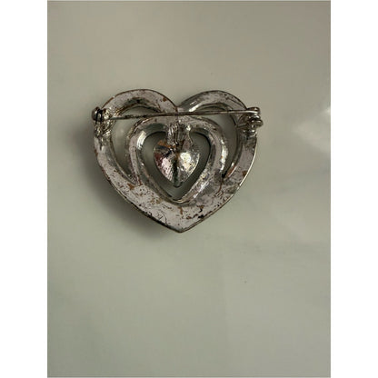 Vintage rhinestone Heart shape silvertone Filigree Brooch with gray/black Stones
