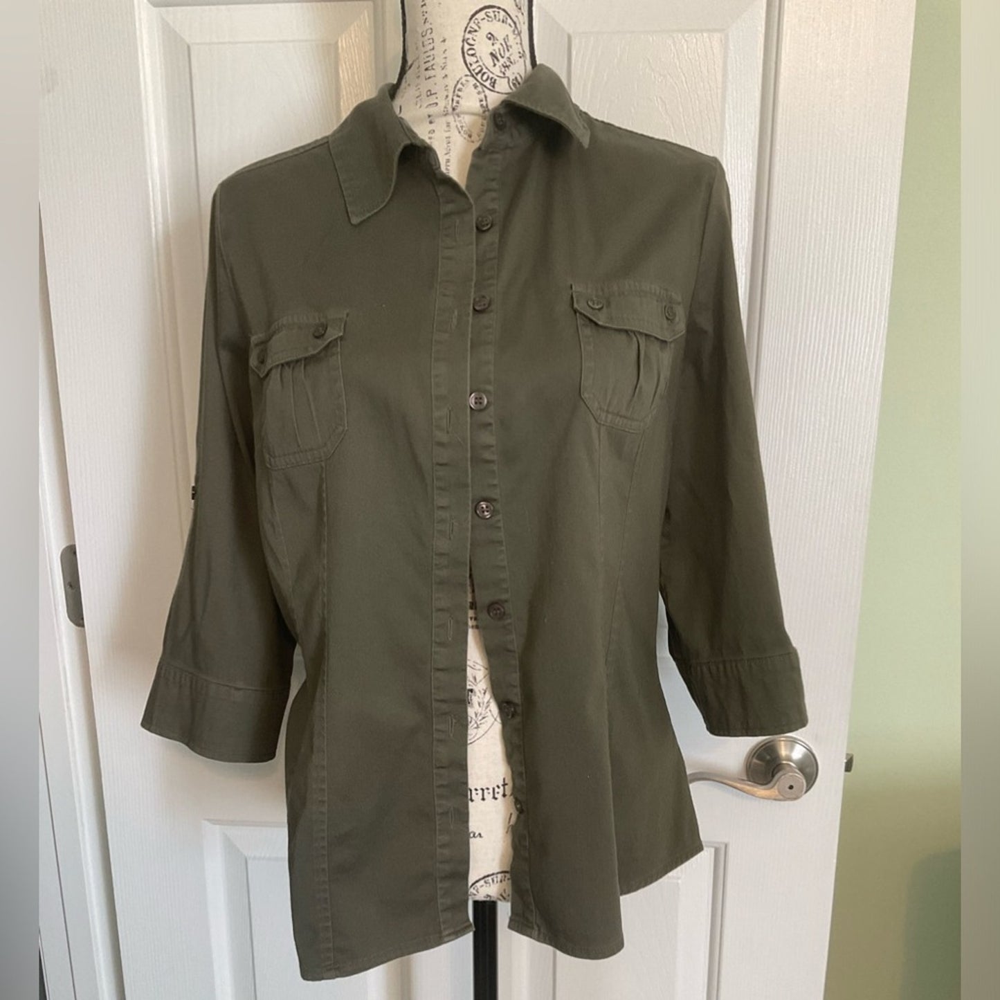 Apt 9 essential button down shirt with roll tab sleeves in dark green.