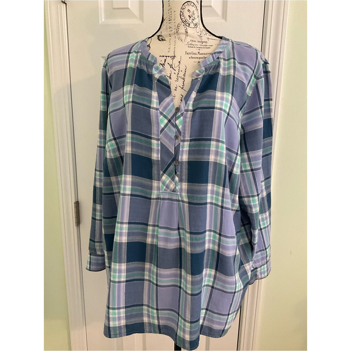 Talbots Lavender and Teal Plaid Button-Front Tunic