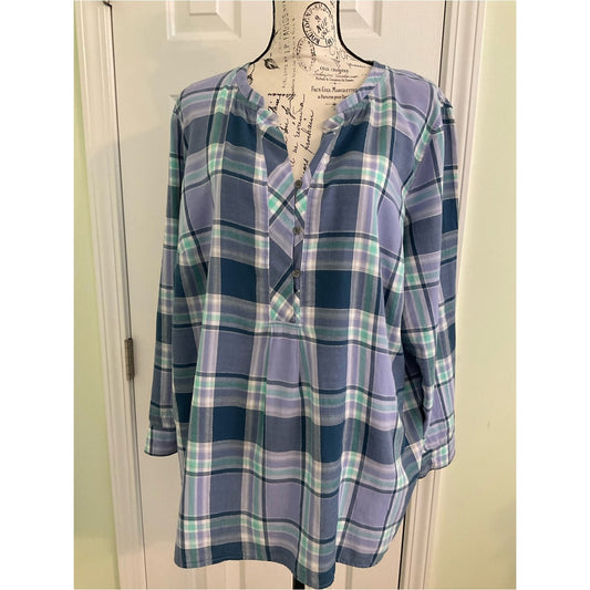 Talbots Lavender and Teal Plaid Button-Front Tunic